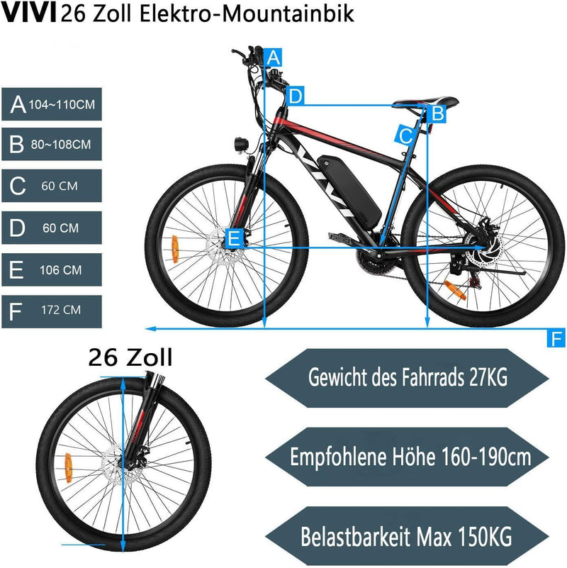 VIVI H6 26 Inch 250W European Electric Mountain Bike Commuter Bicycle - Viviebike